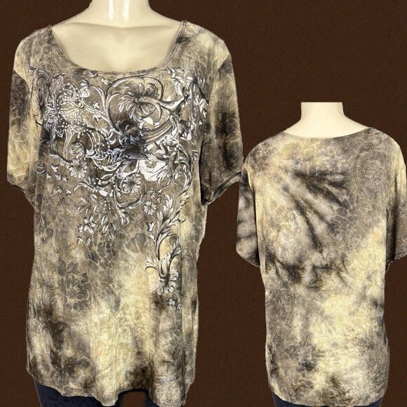 Dressbarn +2X Brown Floral Textured Studded Scoop Neckline Short Sleeve Blouse - Picture 1 of 6